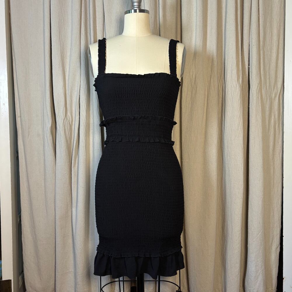 Black Smocked Bodycon Whimsigoth Y2K Mini Dress Ruffle Hem Stretch Small